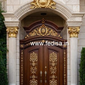 Solid Wood Classic Door Home Front Steel Grill Design With Glass No-5758