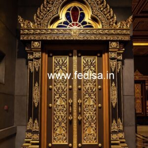 Handcrafted Wooden Door Glass Etching Designs For Pooja Doors No-7156