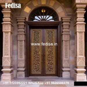 Engraved Wooden Door Double Door Glass Design No-7386