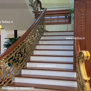 Premium Brass Balcony Railing With Artistic Work Staircase Design With Glass Railing